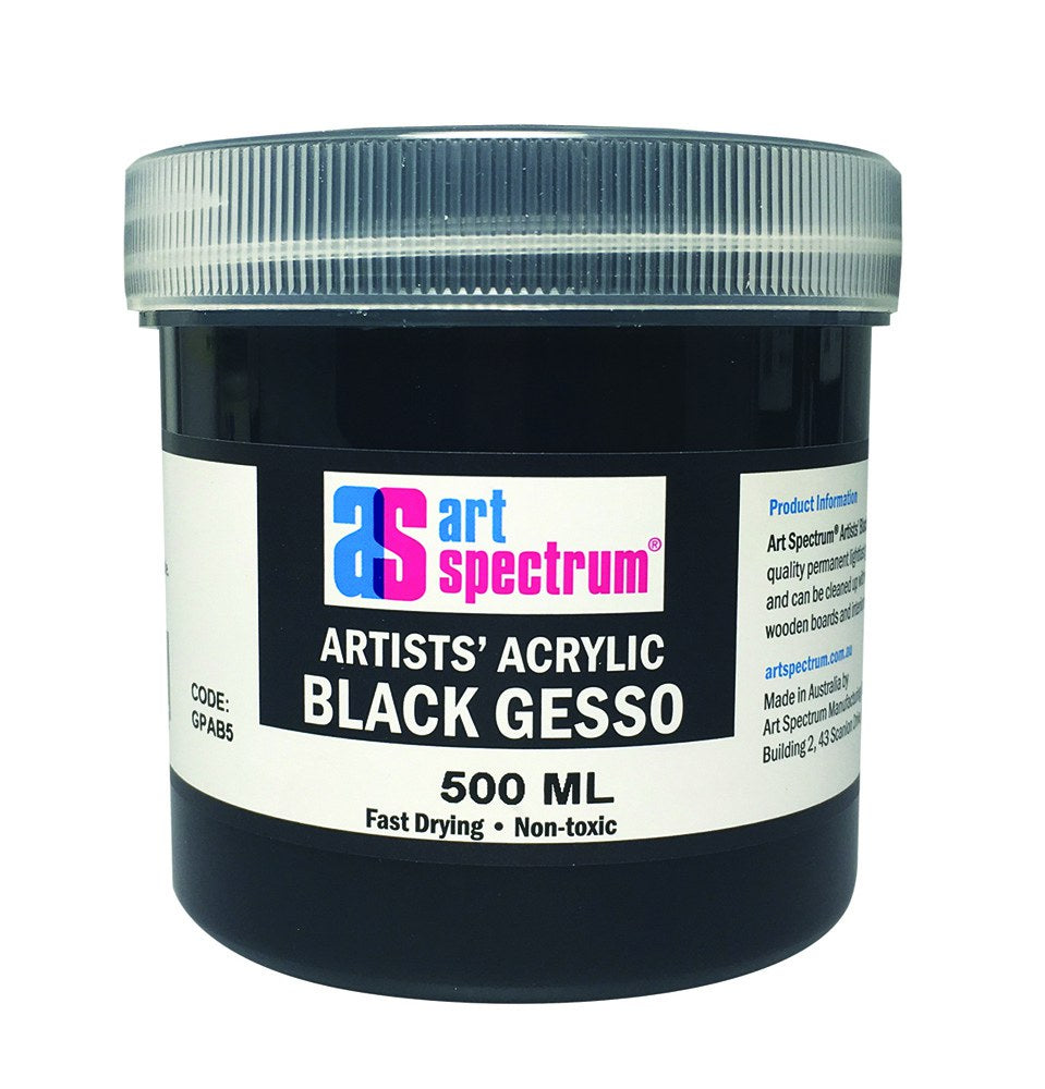 Black gesso in a 500ml bottle, perfect for priming canvas and wood with a matte finish for vibrant acrylic art.
