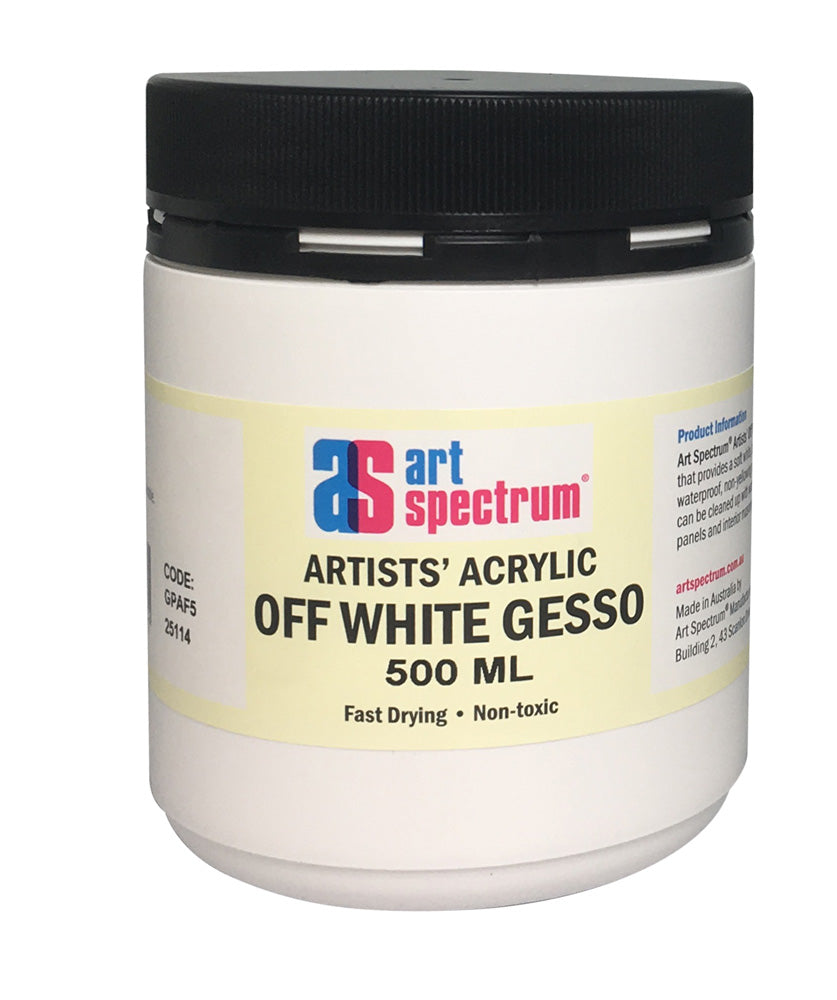 Off-white AS ARTISTS gesso in a 500ml bottle, ideal for preparing surfaces for vibrant acrylic painting and mixed media projects.