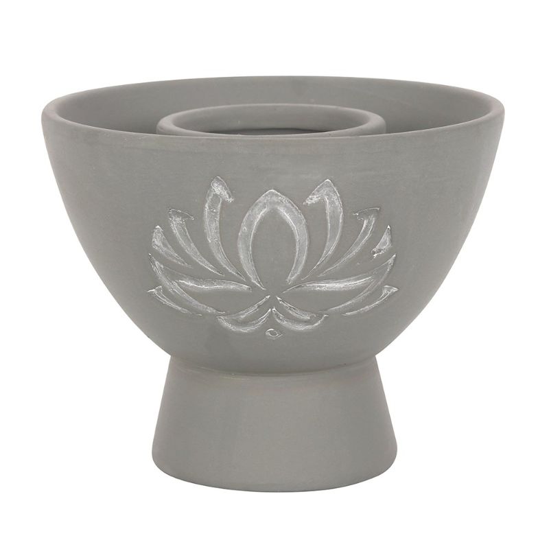 Elegant grey terracotta smudge bowl with a lotus design, ideal for burning herbs or as a decorative catch-all.