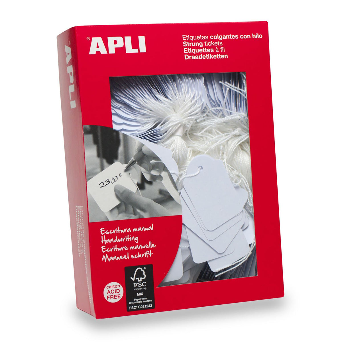 Apli Strung Tickets in a 1000 box, durable acid-free labels for pricing and product descriptions, 13x20mm size.
