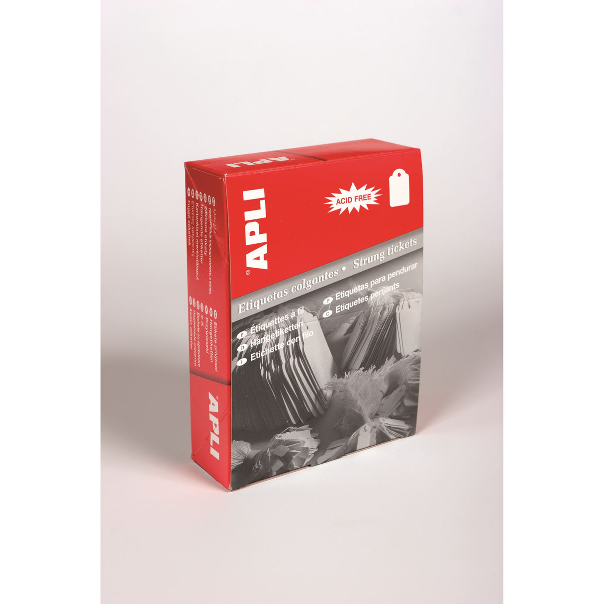 Durable Apli strung tickets, 28x43mm, 500-box, perfect for labeling and pricing items without yellowing over time.