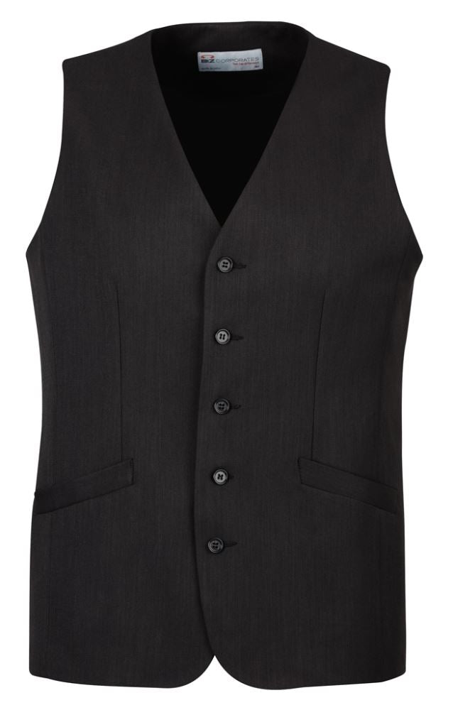 Black Mens Longline Vest from Biz Collection featuring a 5-button front, tailored fit, and functional pockets for style and practicality.