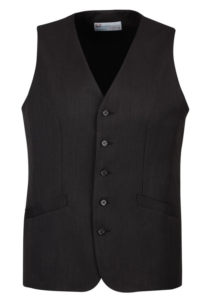 Men's longline black vest by Biz Collection, featuring a five-button front, functional pockets, and a tailored hip-length fit.