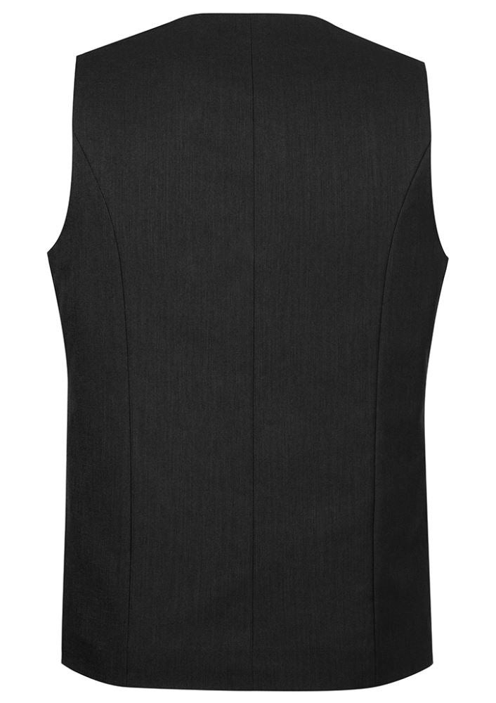 Men's longline vest in black, tailored fit with five-button front, functional pockets, and breathable fabric blend from Biz Collection.