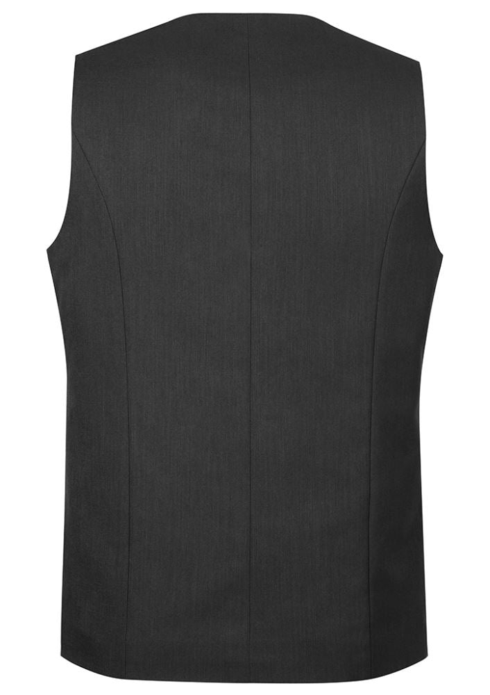 Men's charcoal longline vest with 5-button front, functional pockets, and breathable fabric for stylish layering.