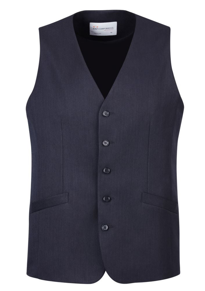 Men's navy longline vest with 5-button front, functional pockets, and sleek self-fabric back, perfect for stylish layering.