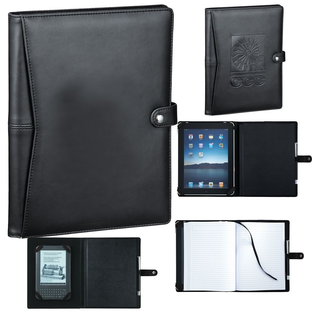 Tablet and e-book reader holder in a stylish JournalBook, featuring adjustable brackets, pen loop, and business card pocket.