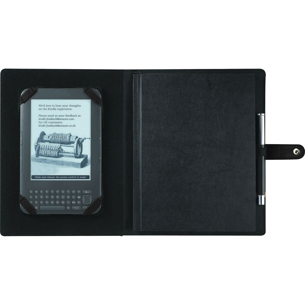 Tablet and e-book reader holder featuring adjustable brackets, pen loop, and business card pocket for organized use.