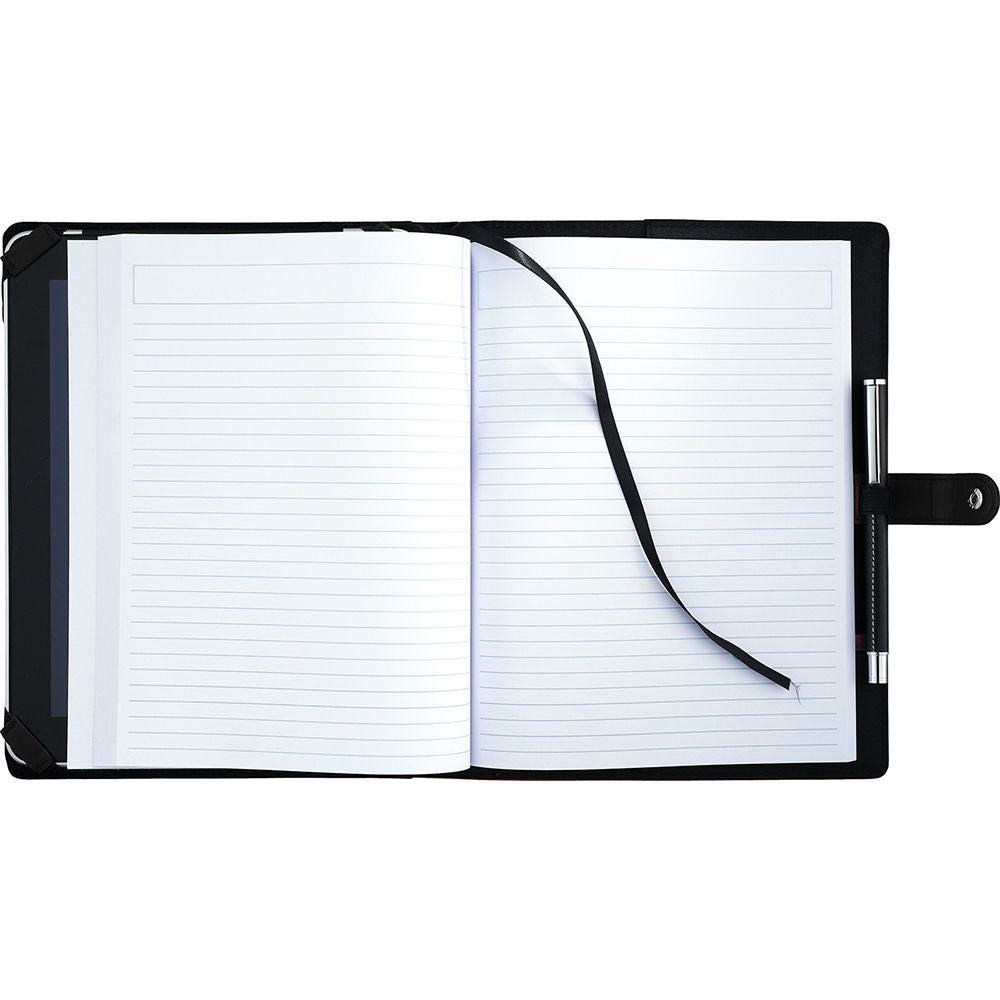 Adjustable holder for tablets and e-readers, featuring pen loop, card pocket, and ribbon marker in a stylish JournalBook design.
