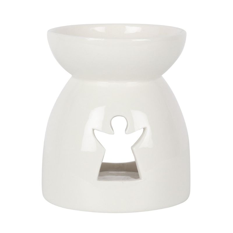 Elegant white ceramic oil burner with angel cutout, perfect for creating soothing aromas and enhancing home ambiance.