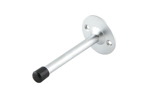 Satin chrome wall-mounted door stop, 75mm, durable steel with plastic tip, stylish design for door control and protection.