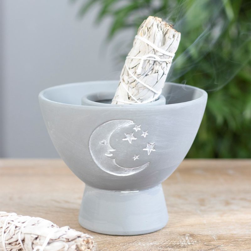 Moon Grey Terracotta Smudge Bowl with crescent moon and stars design, perfect for burning herbs or resting smudge sticks.