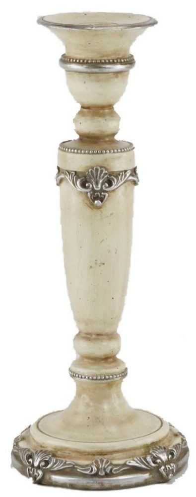 Antiqued cream candle holder with intricate detailing, measuring 28x11cm, perfect for elegant home decor and cozy ambiance.