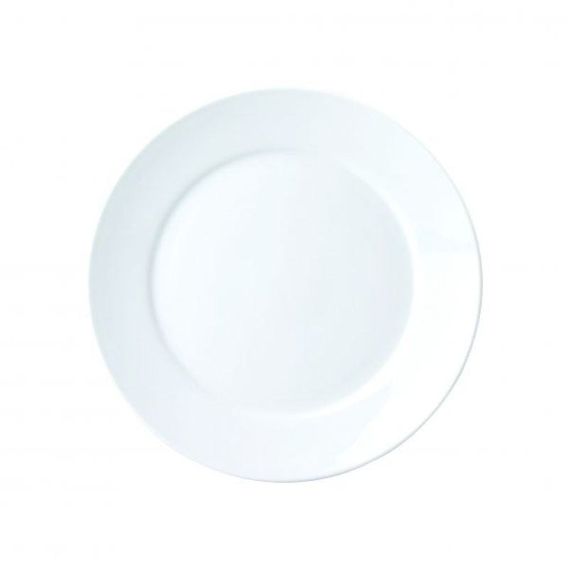 Elegant set of 12 Royal Porcelain round plates with wide rims, featuring a glossy white finish and durable, scratch-resistant design.