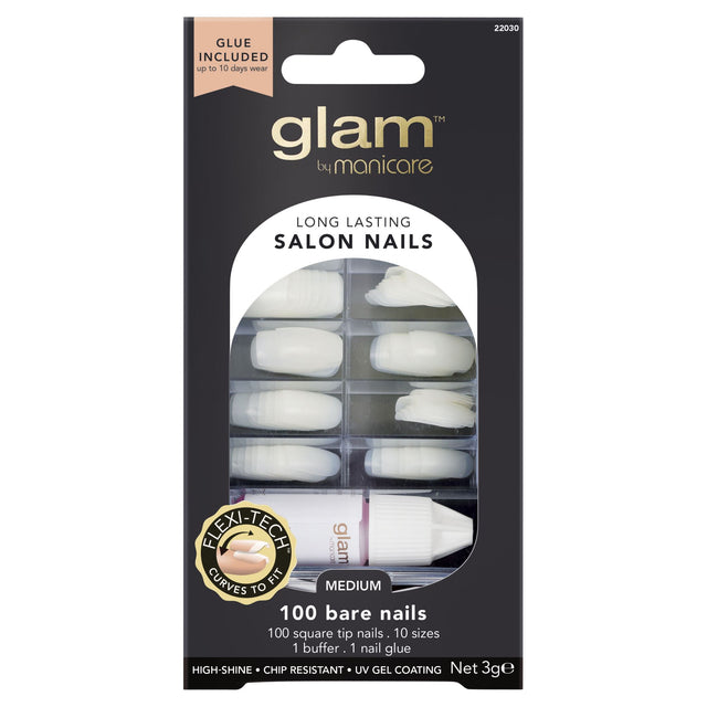 Glam By Manicare Nail Glue Box with 100 salon-quality nails, featuring Flexi-Tech technology for a comfortable, flawless fit.