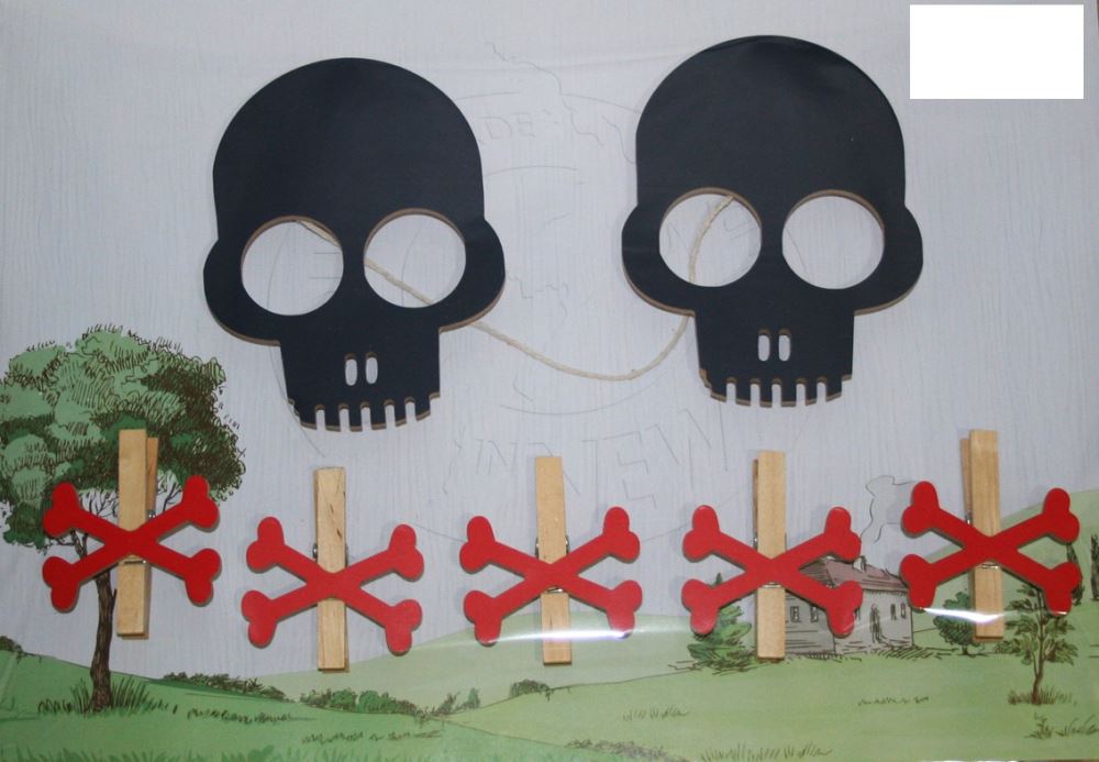 Skull-shaped wall pegs for displaying children's art, photos, and certificates with a stylish Gothic touch.