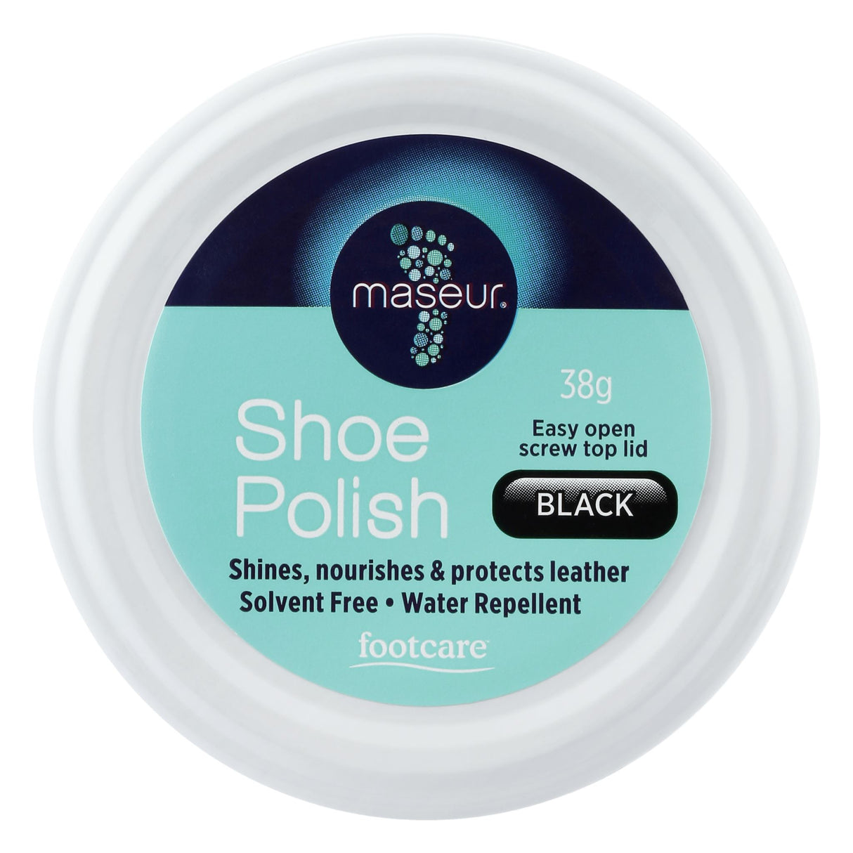 Footcare Shoe Polish in Black, 38g, nourishes and protects leather while restoring shine and offering water repellency.
