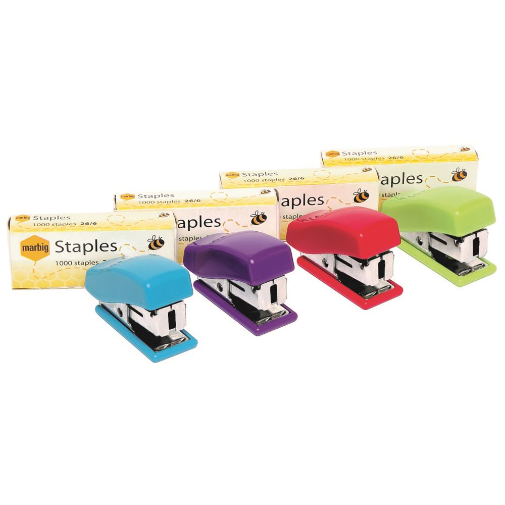 Compact Marbig Mini Stapler with 1000 26/6 staples, designed for easy use, fits in your bag, and staples up to 10 sheets.