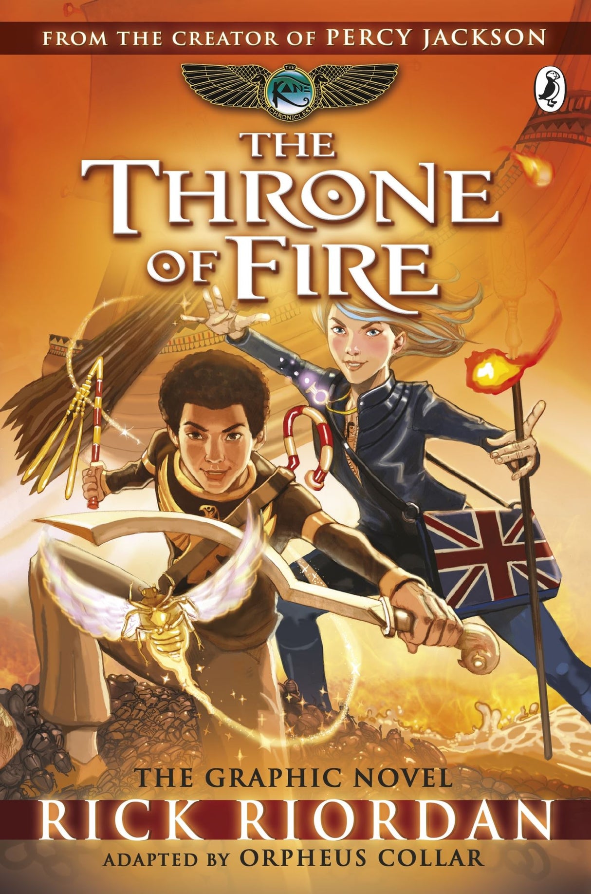 Graphic novel cover of "The Throne of Fire," depicting siblings Carter and Sadie Kane battling the chaos-bringer Apophis.