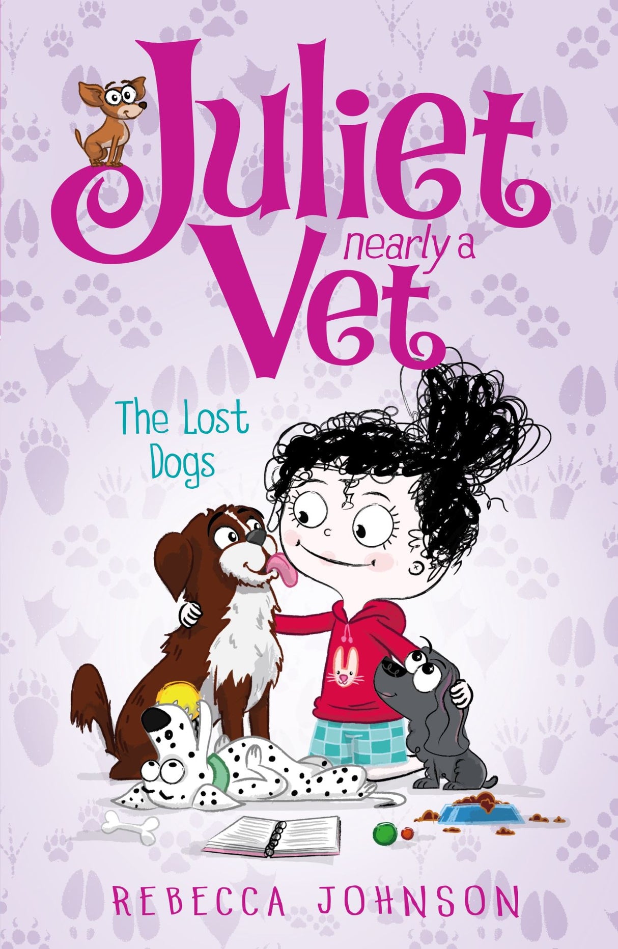 Cover of "The Lost Dogs: Juliet, Nearly a Vet," featuring Juliet with a lost dog, capturing a heartwarming pet adventure.