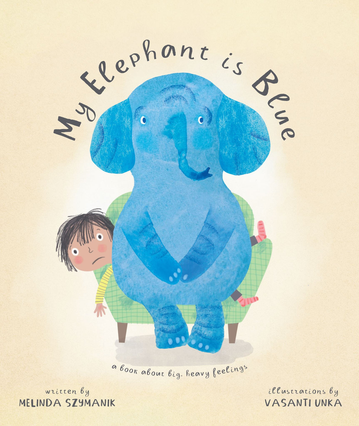 A whimsical blue elephant symbolizes sadness in a heartfelt children's book about emotional well-being and humor.