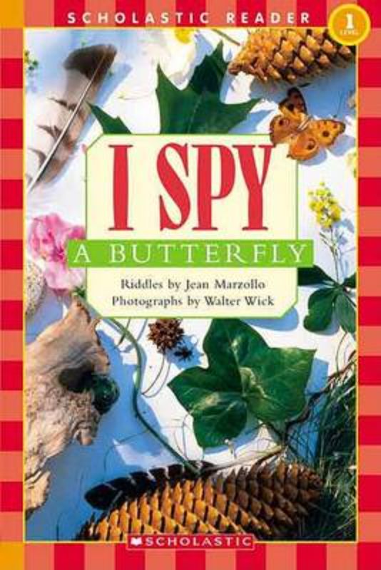 Activity book cover 'I Spy a Butterfly' featuring colorful riddles and engaging photographs for young readers.