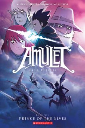 Cover of **Amulet: Prince of the Elves**, showcasing Emily and friends amidst a magical battle against the Elf King.