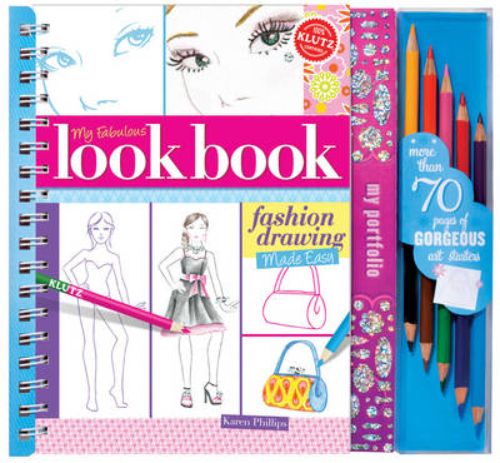 Fashion Design Look Book with 75 lightly printed pages for sketching outfits, makeup, and hairstyles, bound for easy flipping.