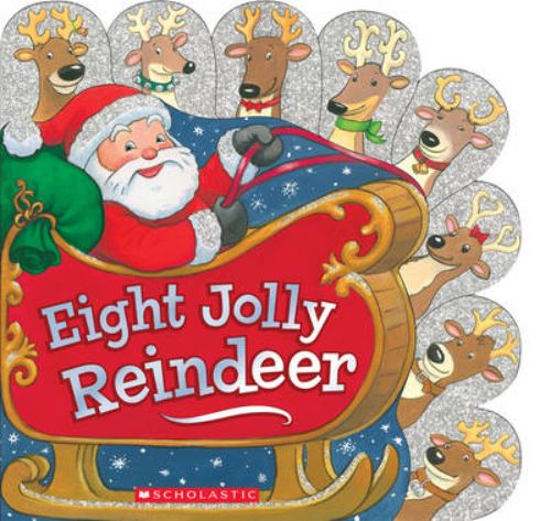 Colorful board book featuring eight jolly reindeer, perfect for toddlers to enjoy festive storytelling and rhyming fun.