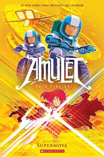 Cover of "Amulet: Escape from the Void," featuring Emily and Navin in a vibrant, adventure-filled graphic novel illustration.