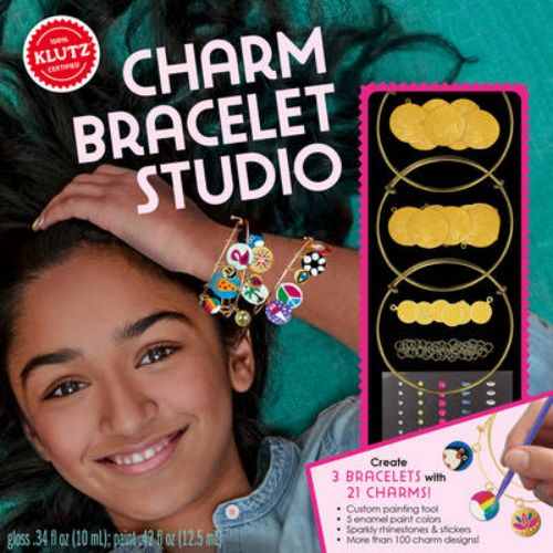 DIY Gold Charm Bracelet kit featuring gold bangles, over 20 metal charms, and painting supplies for creative children.