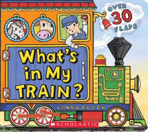 Lift-the-flap board book featuring five colorful trains and their unique cargo, perfect for toddlers' learning and fun.