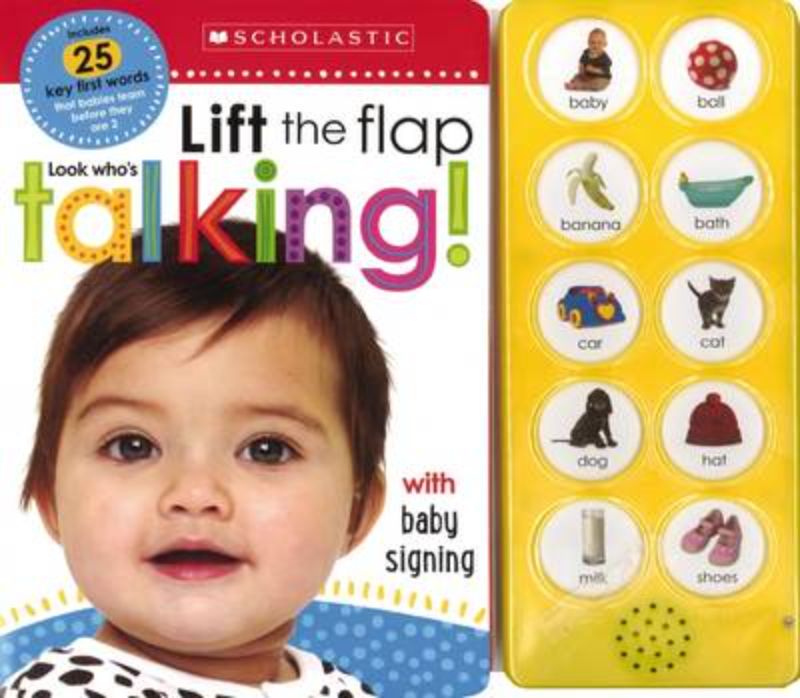 Board book for toddlers featuring flaps and buttons that teach words and baby sign language for language development.