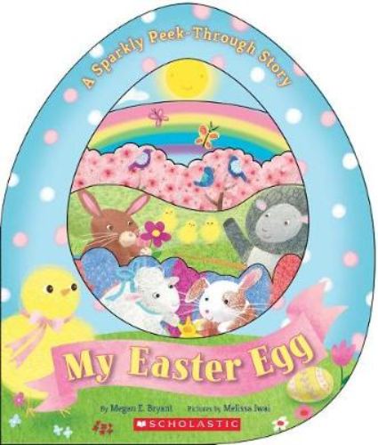 A colorful, egg-shaped board book featuring peek-through windows and glitter, perfect for engaging young readers this Easter.