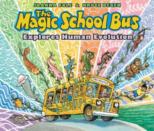 Hardback book cover of 'The Magic School Bus Explores Human Evolution' featuring Ms. Frizzle, illustrating human evolution concepts.