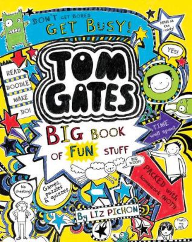 Vibrant activity book for kids featuring drawing guides, puzzles, games, and pranks inspired by Tom Gates' adventures.