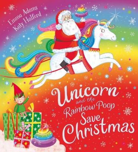 Hardback book cover featuring a whimsical unicorn and colorful rainbow poop, perfect for Christmas adventures and festivities.