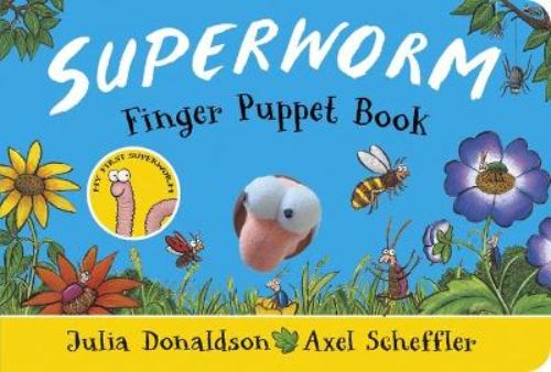 Interactive finger puppet book featuring Superworm, the wriggliest superhero, promoting storytelling and imaginative play.