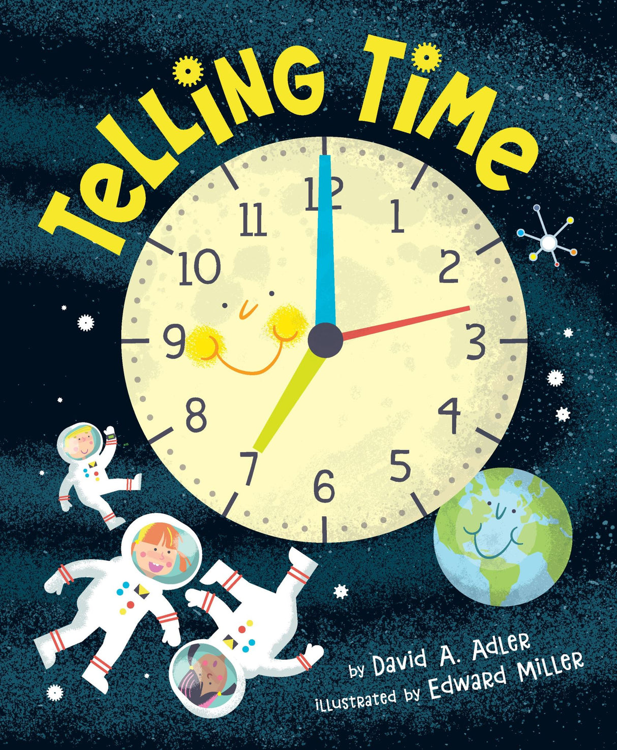 Children's book "Telling Time" features colorful illustrations of astronauts learning about clocks and time management.