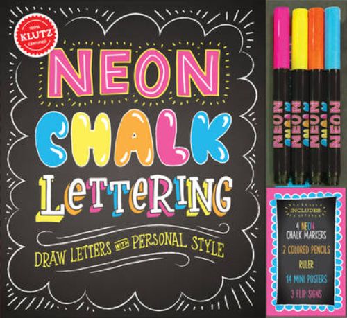 Vibrant Neon Chalk Lettering kit with markers, pencils, and instructional book for creative letter art projects.