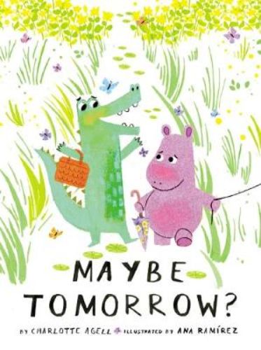 Illustrated cover of "Maybe Tomorrow?", depicting Elba with a heavy black block and Norris joyfully surrounded by butterflies.