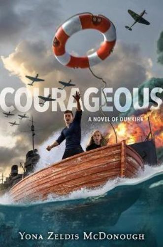 Hardcover book "Courageous" depicts Aiden's WWII adventure overcoming ocean fears to aid trapped Allied troops.