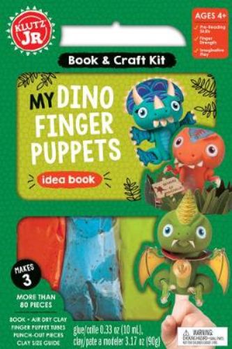 Dino Finger Puppets craft kit featuring 75+ pieces for imaginative play, including clay, stickers, and dino facts booklet.