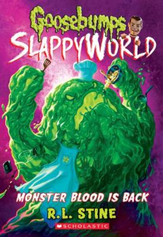 "Cover of 'Monster Blood Is Back': a spooky Goosebumps novel featuring Slappy, perfect for young thrill-seekers."