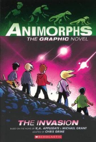 Cover of 'Animorphs Graphix #1: The Invasion', showcasing dynamic art of kids morphing into animals to battle aliens.