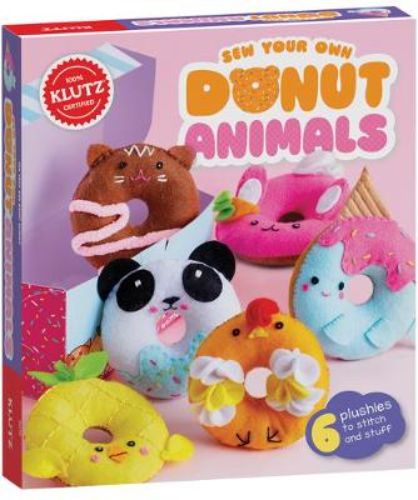 Colorful sewing kit featuring pre-cut felt pieces to craft six adorable doughnut-shaped animals like Coco Kitty and Cinna-Chicken.