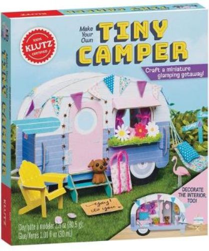 DIY Tiny Camper kit featuring crafting supplies for a miniature glamping adventure with decorations and creative ideas.