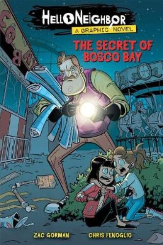 Graphic novel cover of 'The Secret of Bosco Bay' featuring Jen and Allie exploring a haunted theme park with eerie illustrations.