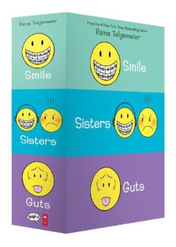 "Smile/Sisters/Guts Box Set: Raina Telgemeier's heartfelt memoirs on resilience, family, and childhood anxieties."