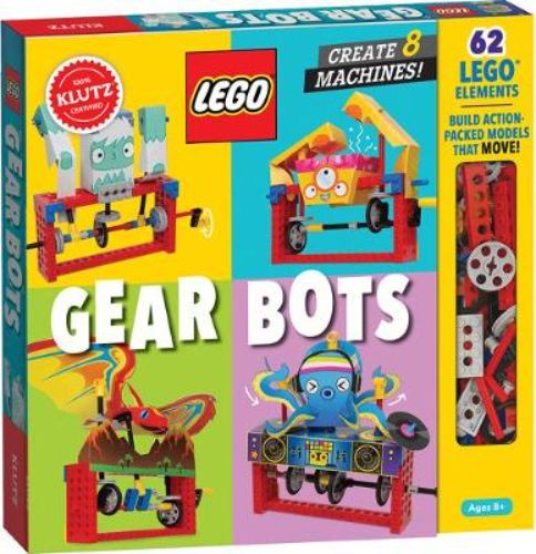 Colorful LEGO Gear Bots activity kit showcasing kinetic sculpture parts and whimsical paper-craft characters for creative STEM play.